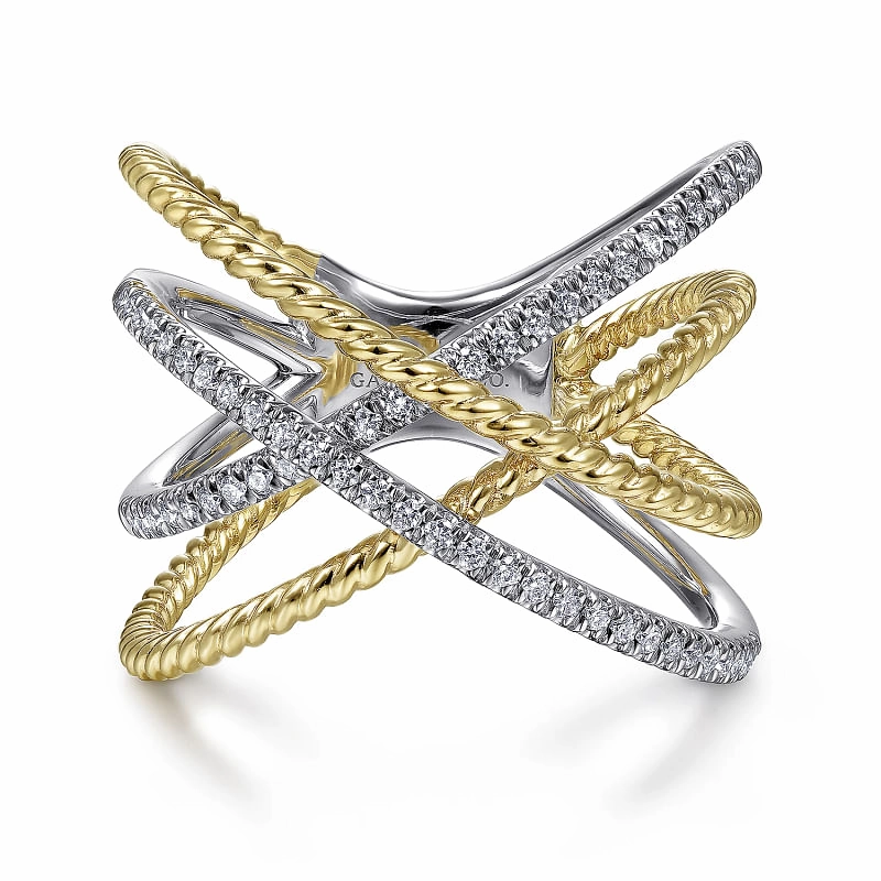 Shiny Gifts 14K White-Yellow Gold Twisted Rope and Diamond Criss Cross Ring