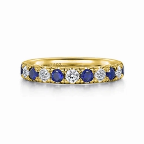 Stylish Sparkle 14K Yellow Gold 11 Stone Diamond and Sapphire Anniversary Band