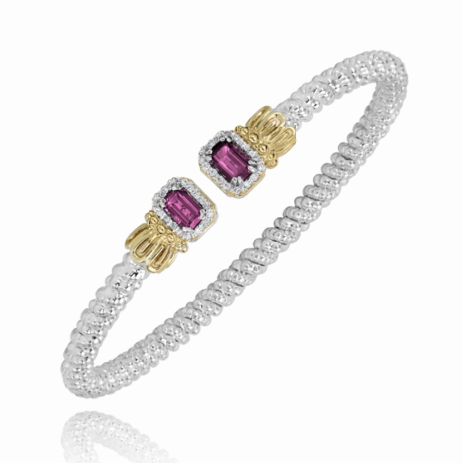 14K Yellow Gold and Sterling Silver Diamond Rhodalite Garnet Bangle Bracelet Exclusive Detail