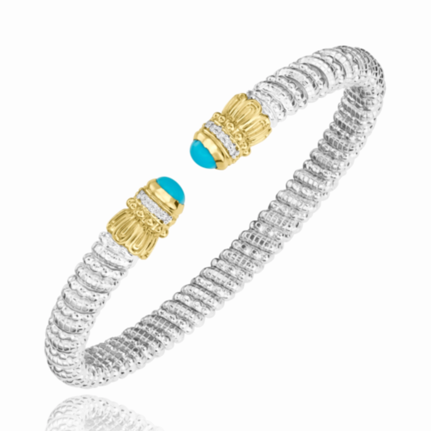 14K Yellow Gold and Sterling Silver Diamond Turquoise Bangle Bracelet Polished Spark