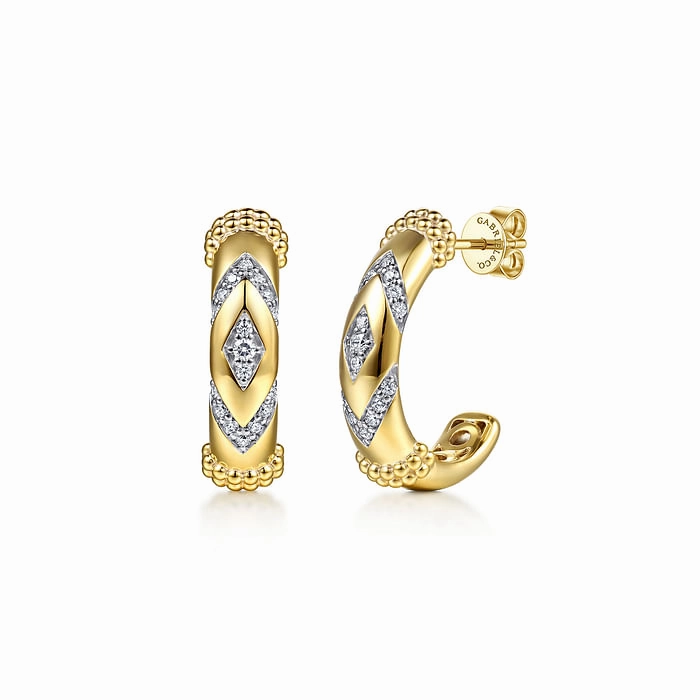 Unique Craft 14K Yellow Gold Bujukan and Diamond Chevron J Hoop Earrings