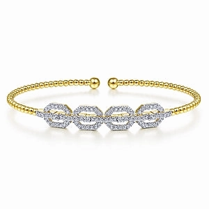 14K Yellow Gold Bujukan Bead Cuff Bracelet with Diamond Pave Links Charming Gifts