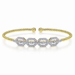 14K Yellow Gold Bujukan Bead Cuff Bracelet with Diamond Pave Links Charming Gifts