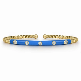 Precious Gemstones 14K Yellow Gold Bujukan Beads and Diamond Split Bangle with Blue Enamel