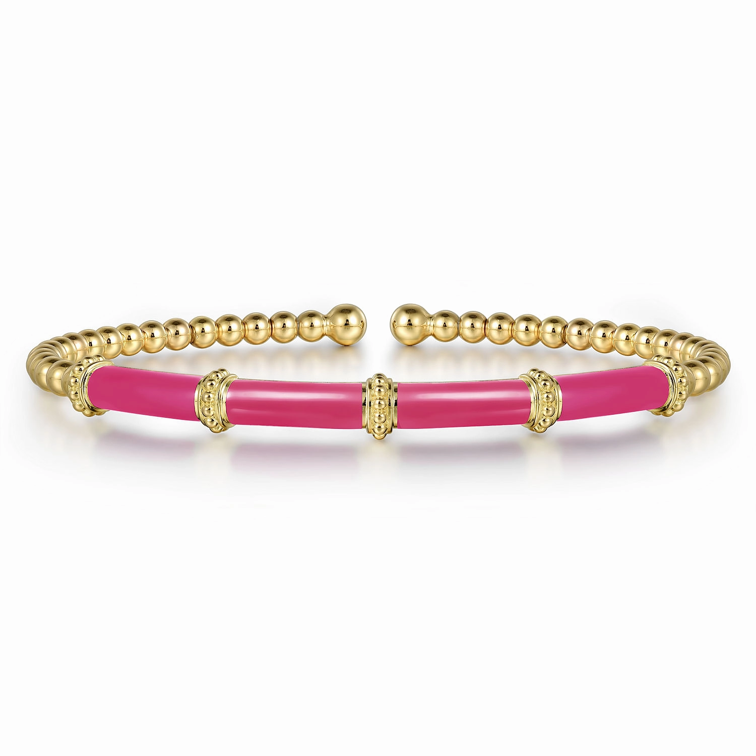 Elegant Sparkle 14K Yellow Gold Bujukan Beads Split Bangle with Fuchsia Enamel Accent