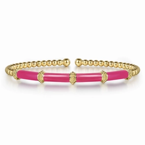 Elegant Sparkle 14K Yellow Gold Bujukan Beads Split Bangle with Fuchsia Enamel Accent