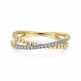 14K Yellow Gold Bujukan Pave Diamond Criss Cross Stackable Ring Evening Sparkle
