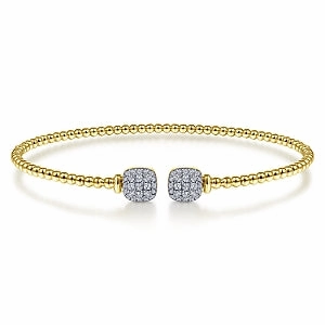 Brilliant Finish Romantic Set 14K Yellow Gold Bujukan Split Cuff Bracelet with Pave Diamond Squares