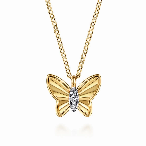 14K Yellow Gold Butterfly Necklace With Diamond Cut Finish And Graduating Diamonds Soft Contrast