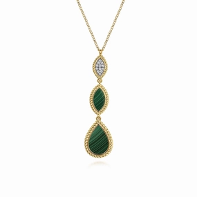 Vogue Style Inspired Accent 14K Yellow Gold Diamond and Malachite Rope Drop Pendant Necklace