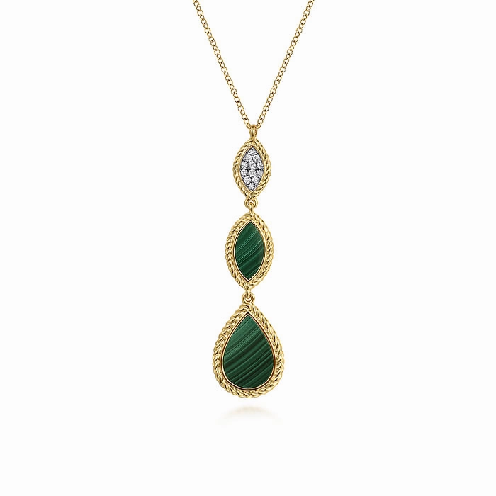 Vogue Style Inspired Accent 14K Yellow Gold Diamond and Malachite Rope Drop Pendant Necklace