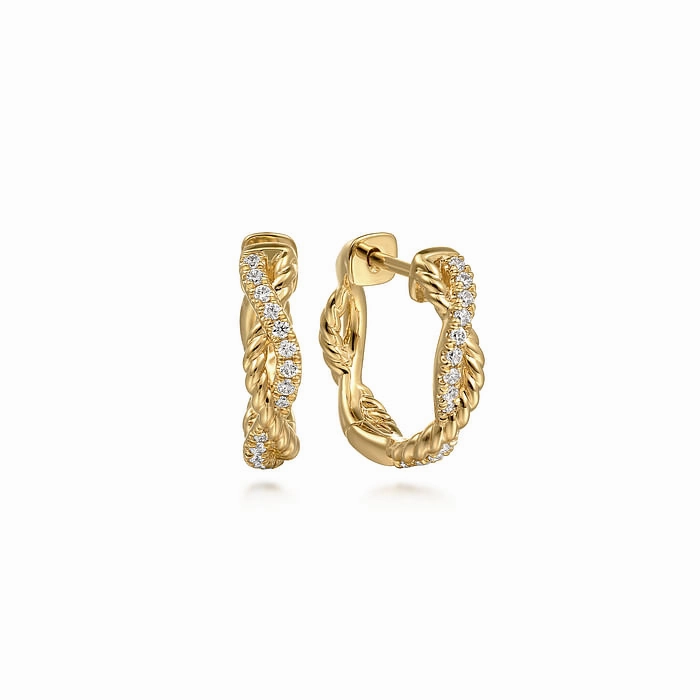 14K Yellow Gold Diamond And Rope 15mm Huggie Earrings Artisan Highlight Quiet Shine
