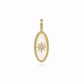 14K Yellow Gold Diamond and White Mother of Pearl Bujukan Oval Shape Medallion Pendant Vibrant Jewelry Look Elegant Pick