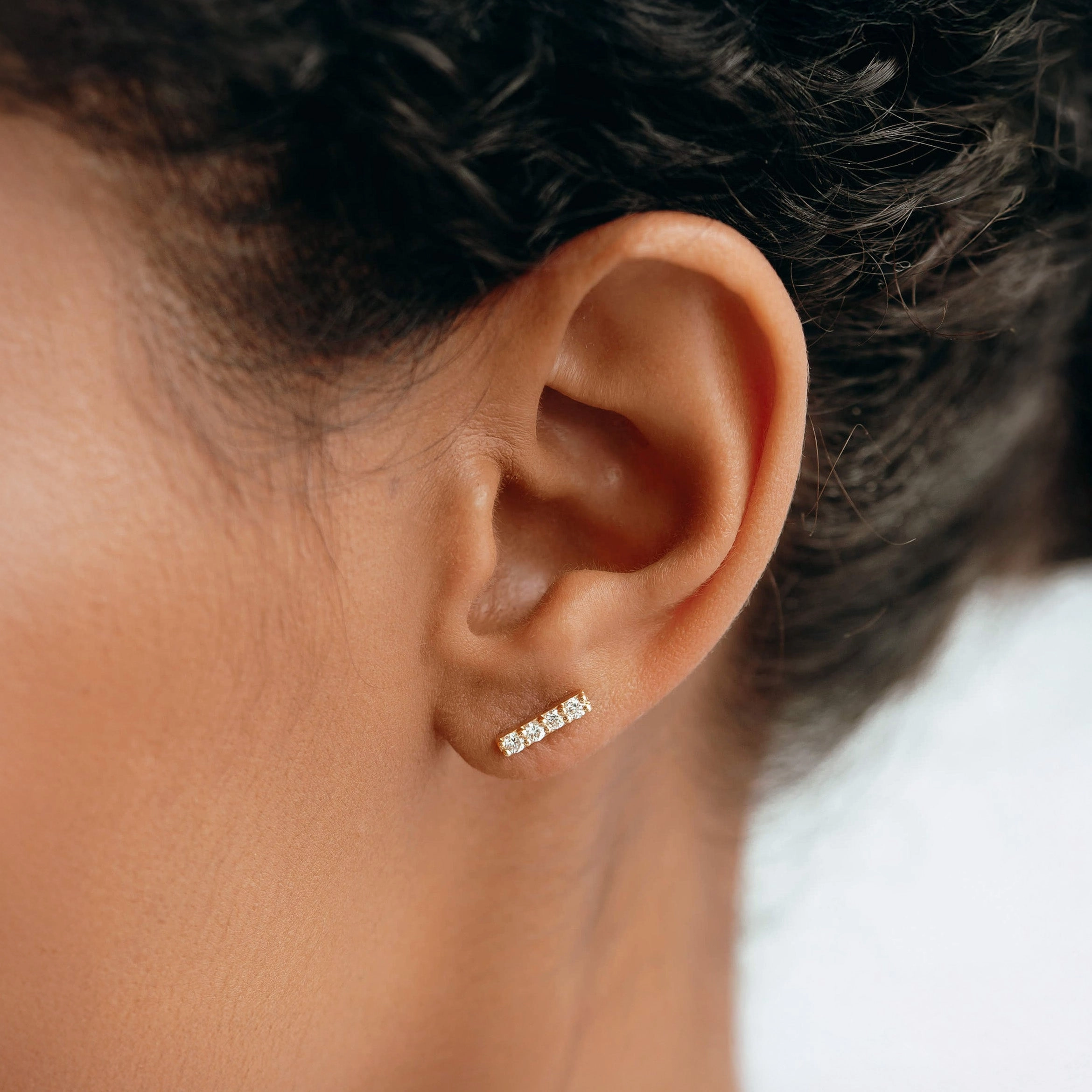 14k Yellow Gold Diamond Bar Stud Earring - Lucia (Single) Cozy Style Romantic Edge