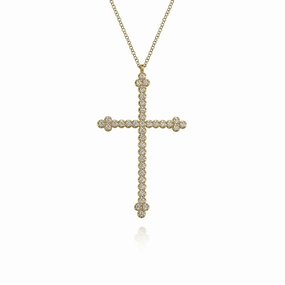 14K Yellow Gold Diamond Cross Necklace Handcrafted Feature Radiant Finish