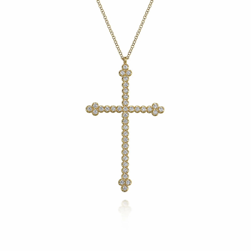 14K Yellow Gold Diamond Cross Necklace Handcrafted Feature Radiant Finish