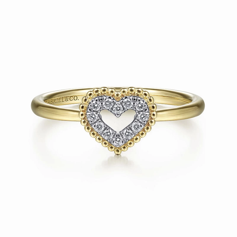 Subtle Fit Opulent Design 14K Yellow Gold Diamond Pave Open Heart Ring