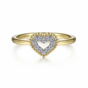 Subtle Fit Opulent Design 14K Yellow Gold Diamond Pave Open Heart Ring