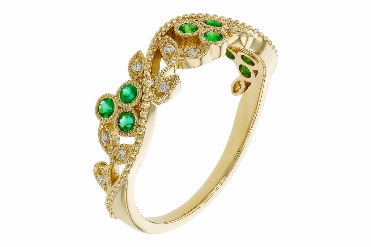 Timeless Adornment Classic Choice 14K Yellow Gold Emerald & Diamond Floral Fashion Ring
