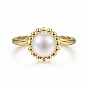 Office Wear Distinctive Shine 14K Yellow Gold Pearl Ring with Bujukan Beaded Halo