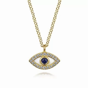 14K Yellow Gold Sapphire & .07cttw Diamond Evil Eye Necklace Bold Look Minimalist Accent