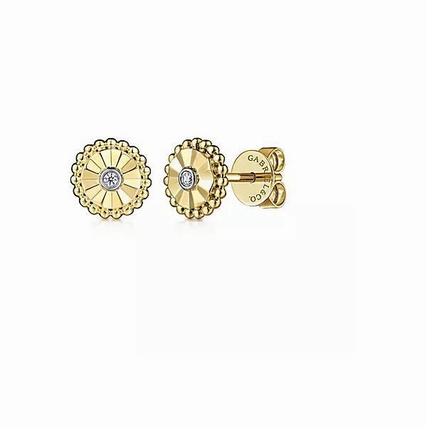 14K Yellow-White Gold  .02cttw Bezel Set in White Gold Diamond Cut Stud Earrings Weekend Chic