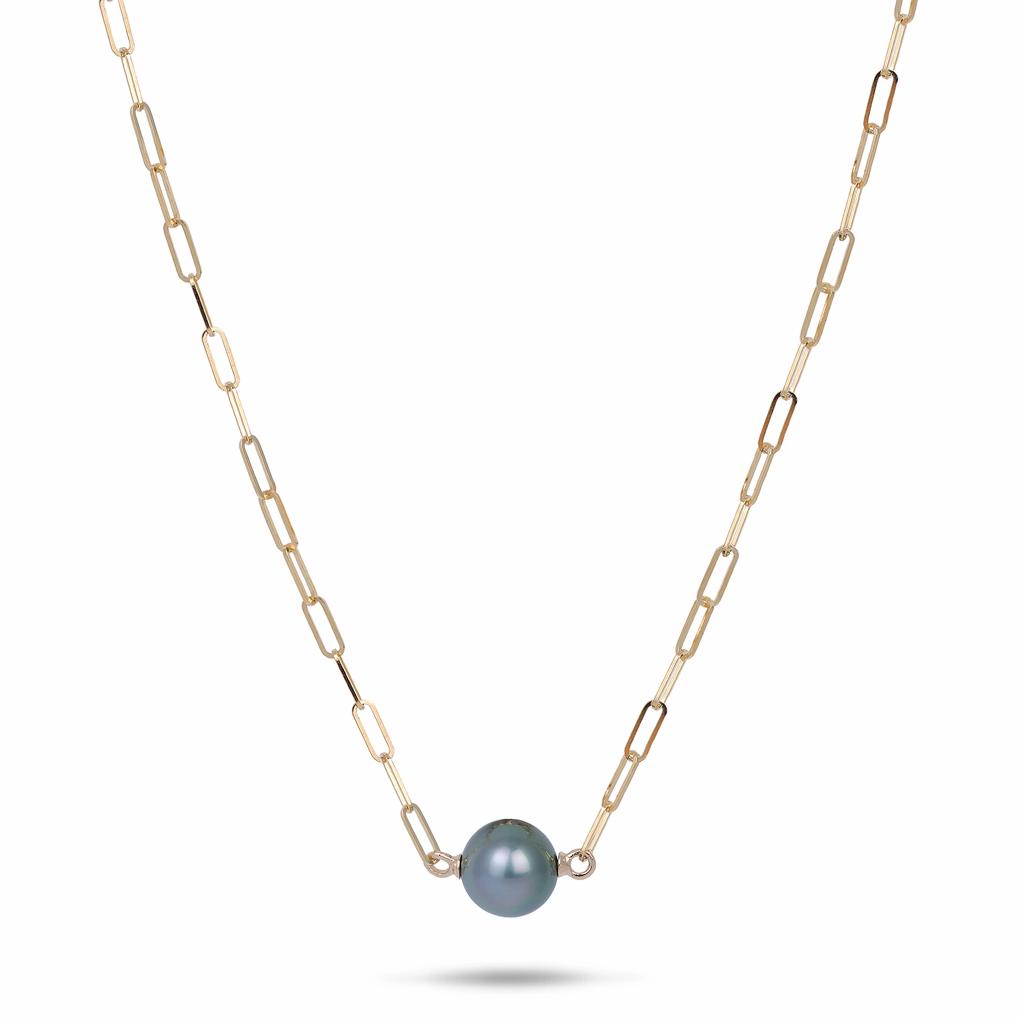 Elegant Look Lightweight Feel 16-17" Tahitian Black Pearl Paperclip Chain Necklace in Gold - 10-11mm