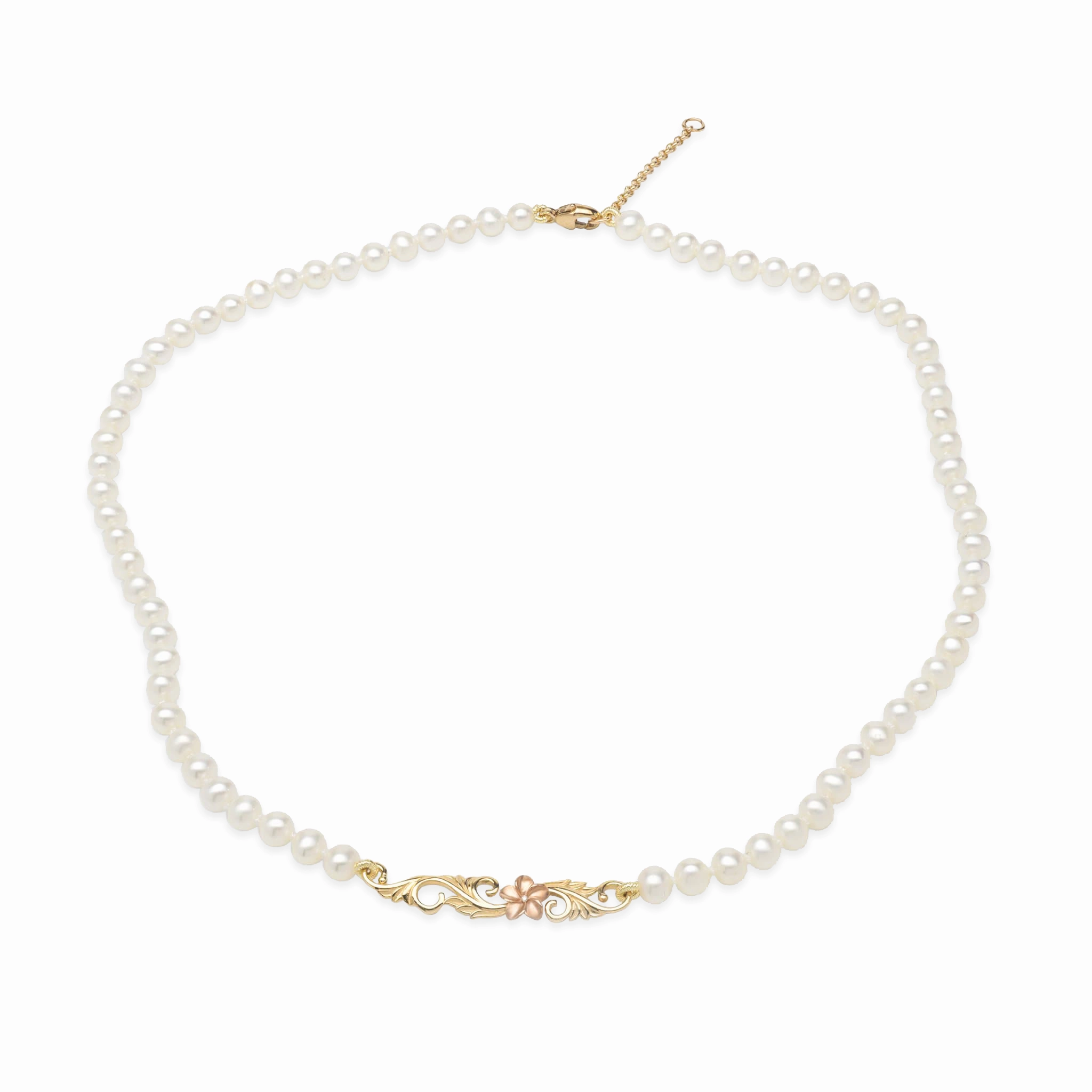 16-18" Adjustable Hawaiian Heirloom Plumeria Freshwater White Pearl Necklace in Two Tone Gold with Diamond Timeless Sparkle