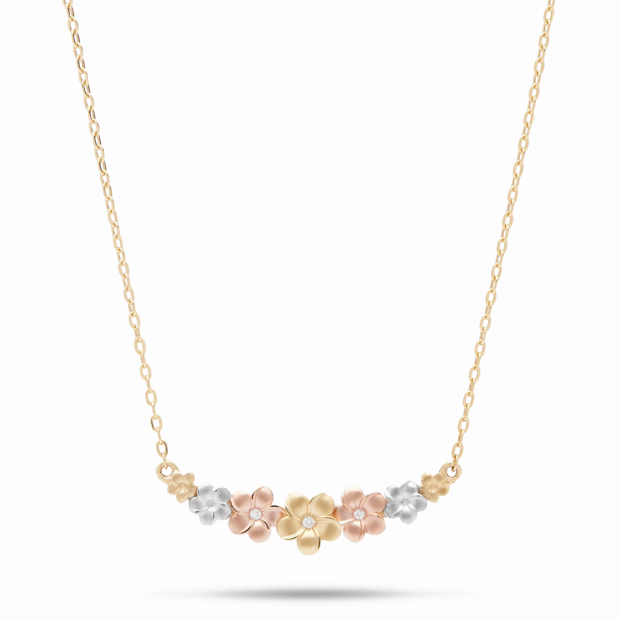 Soft Glam 16-18" Adjustable Plumeria Necklace in Tri Color Gold With Diamonds - 25mm