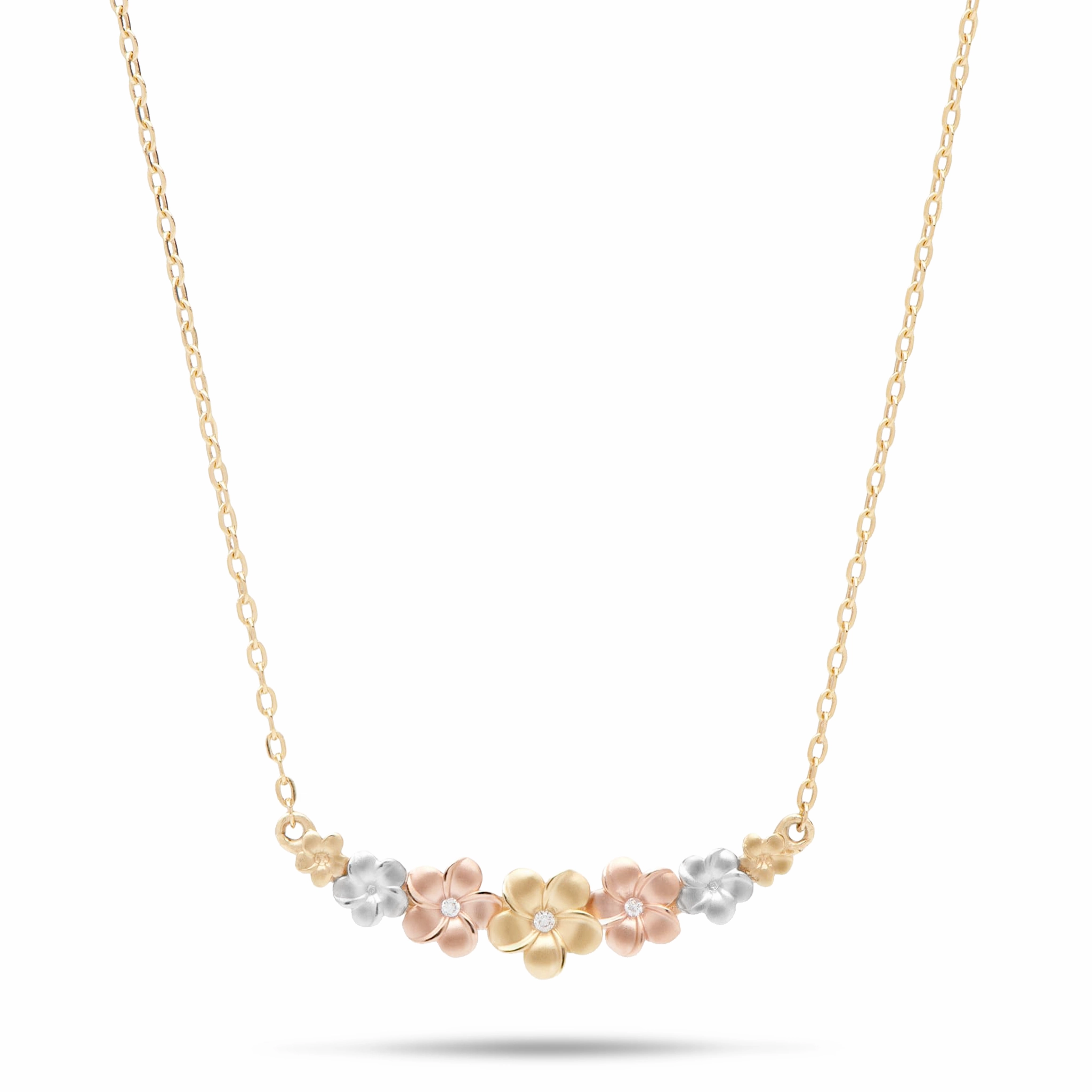 16-18" Adjustable Plumeria Necklace in Tri Color Gold With Diamonds - 25mm Effortless Shine Delicate Pair