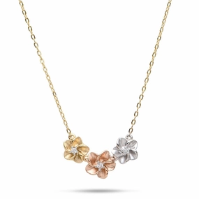 16" Plumeria Necklace in Tri Color Gold with Diamonds Opulent Finish Sleek Glow