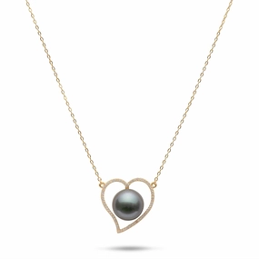 16" Tahitian Black Pearl Heart Necklace in Gold - 12-13mm Stylish Layer