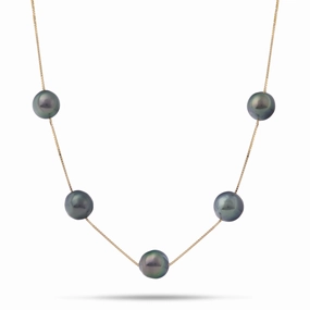 Intricate Work Timeless Gems 18" Tahitian Black Pearl Necklace in Gold - 9-10mm