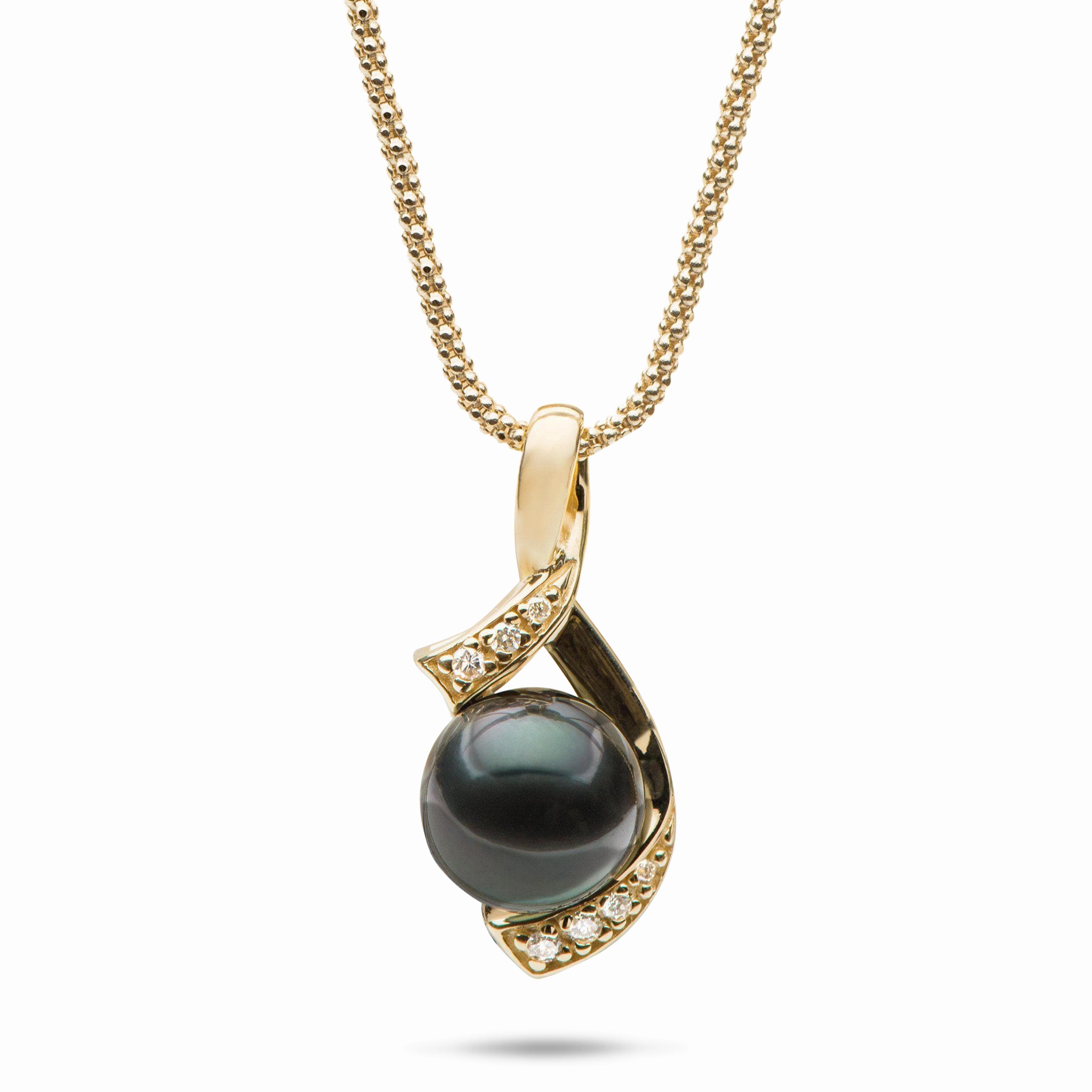 18" Tahitian Black Pearl Pendant Necklace in Gold with Diamonds - 10-11mm Sparkle Finish Creative Finish
