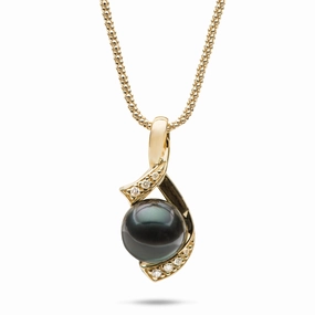 18" Tahitian Black Pearl Pendant Necklace in Gold with Diamonds - 10-11mm Sparkle Finish Creative Finish