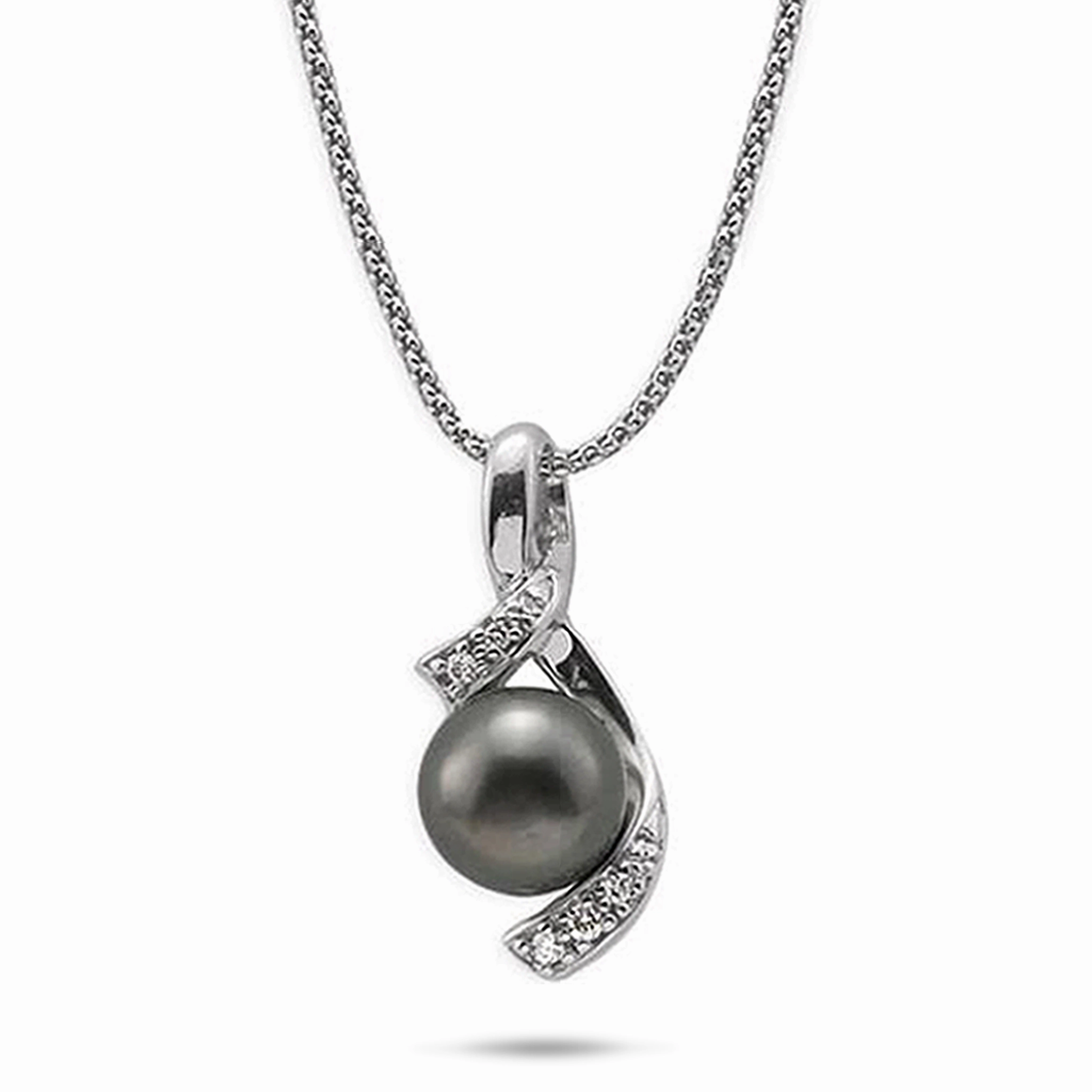 Soft Edge Dinner Party 18" Tahitian Black Pearl Pendant Necklace in White Gold with Diamonds - 10-11mm
