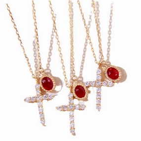 18K Gold | Real Diamonds | Ruby | Cross Necklace Polished Highlight