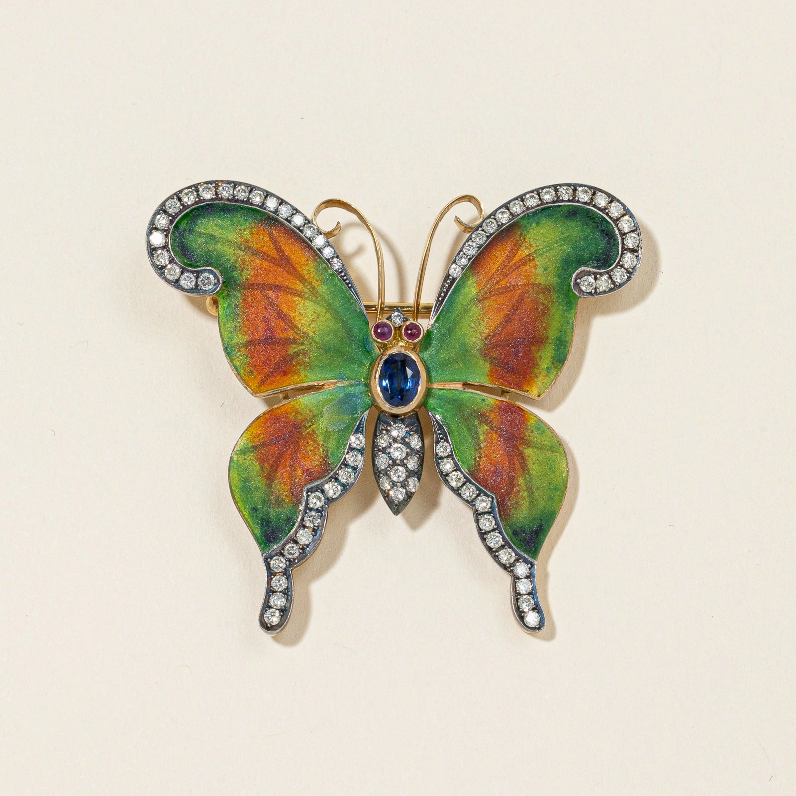 Exclusive Glow 18K Yellow Gold Butter-fly Sapphire Ruby and Diamond Brooch | 0.75ctw, 0.10ctw, 1.00ctw