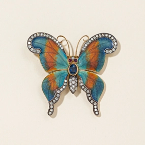 18K Yellow Gold Butterfly Sapphire Ruby and Diamond Brooch | 0.53ctw, 1.7-1.8mm, 0.90ctw Glam Appeal