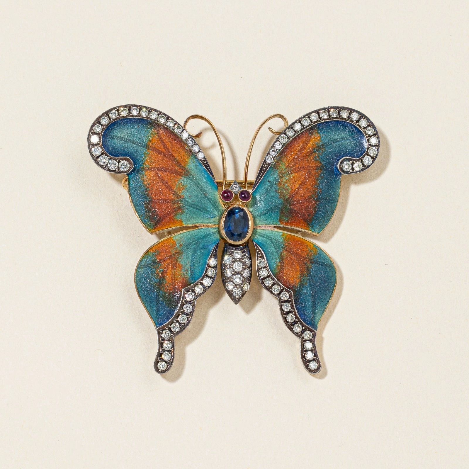 18K Yellow Gold Butterfly Sapphire Ruby and Diamond Brooch | 0.53ctw, 1.7-1.8mm, 0.90ctw Glam Appeal