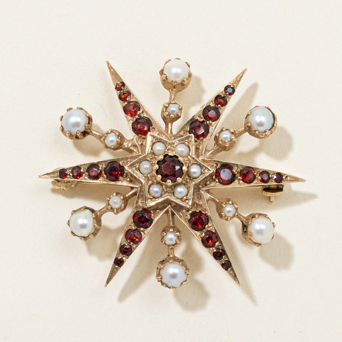 Pastel Light Timeless Look Design 1970 London Garnet & Pearl Sunburst Brooch | 1.20ctw