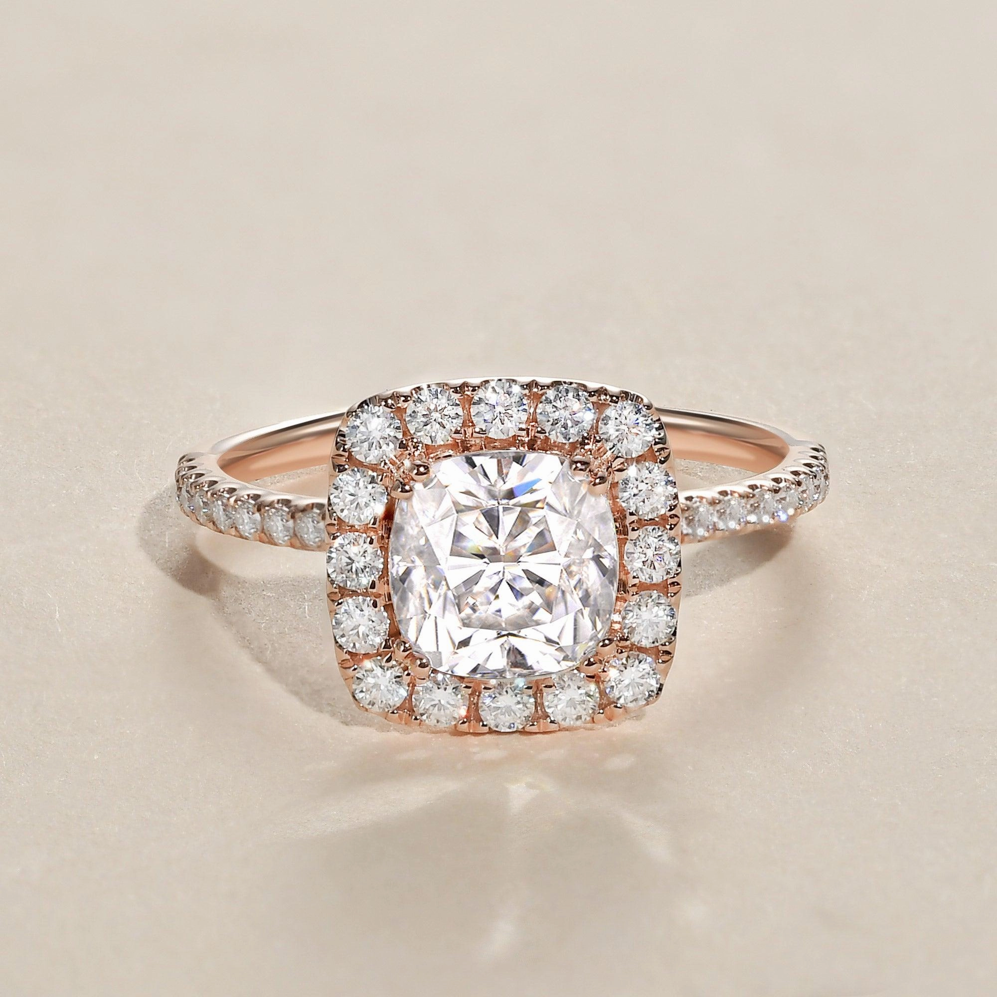 Sleek Form 1.0ct Cushion Cut Moissanite Pave Halo Gold Ring