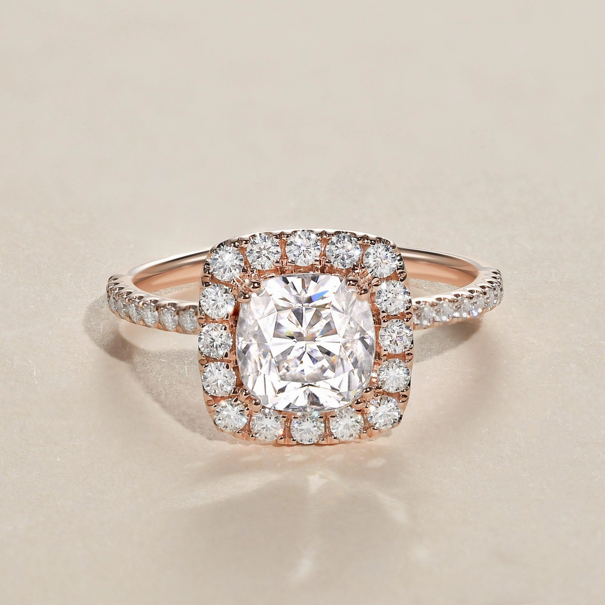 1.0ct Cushion Cut Moissanite Pave Halo Gold Ring Crafted Detail