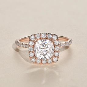 1.0ct Cushion Cut Moissanite Pave Halo Gold Ring Crafted Detail
