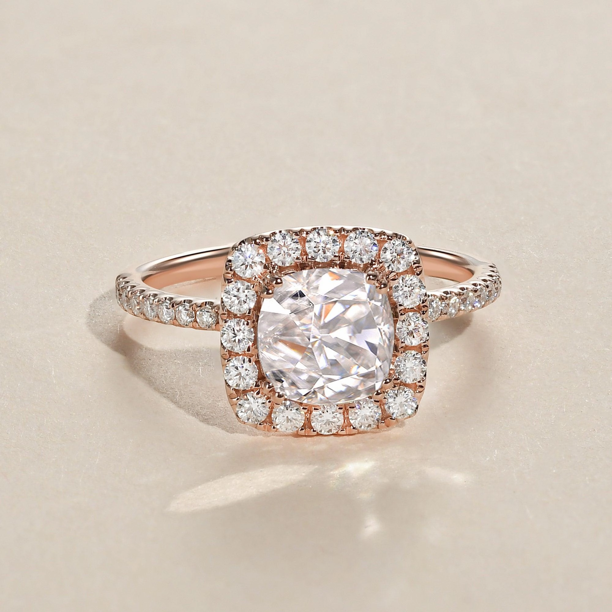 Soft Mood 1.0ct Cushion Cut Moissanite Pave Halo Gold Ring