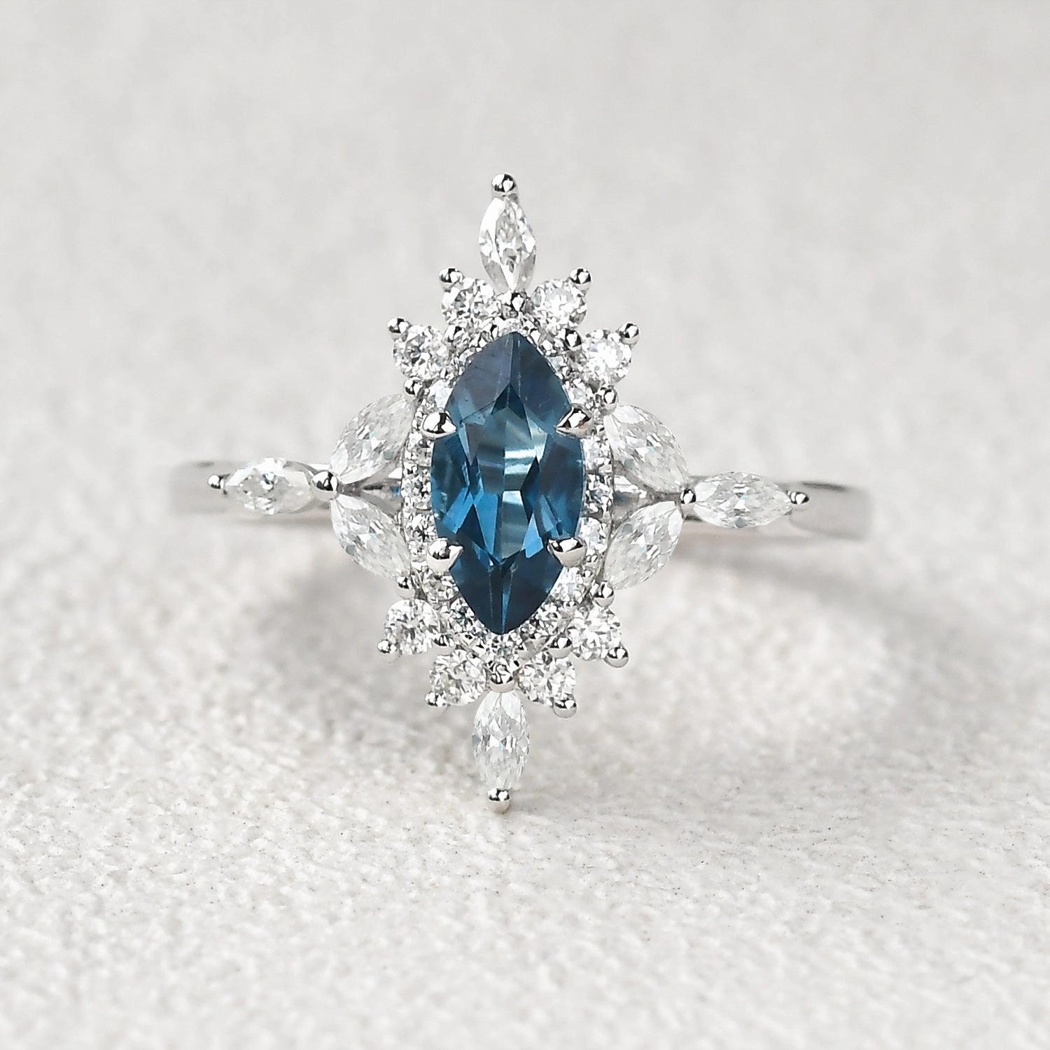 Dynamic Shape Photo Look 1.0ct Marquise Cut London Blue Topaz Cluster Vintage Ring