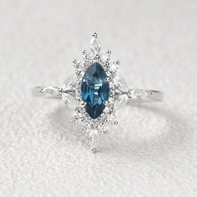 Dynamic Shape Photo Look 1.0ct Marquise Cut London Blue Topaz Cluster Vintage Ring