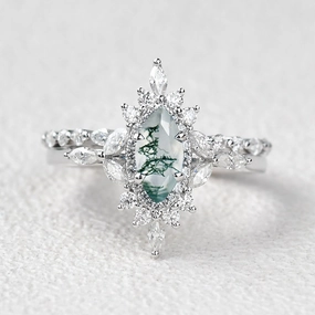 1.0ct Marquise Cut Moss Agate Cluster Vintage Engagement Ring Set 2pcs Precious Jewelry Pieces Trendy Feel