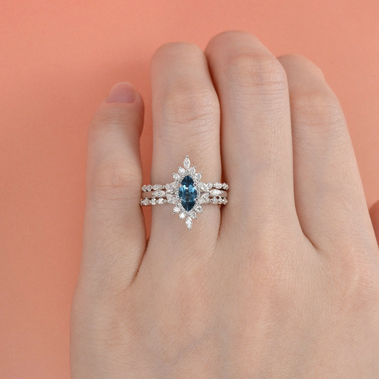 Dazzling Effect 1.0ct Marquise Cut Moss Agate Cluster Vintage Ring Set 3pcs