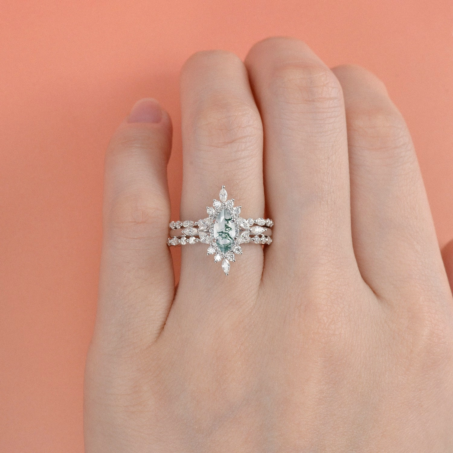 Gift For All 1.0ct Marquise Cut Moss Agate Cluster Vintage Ring Set 3pcs